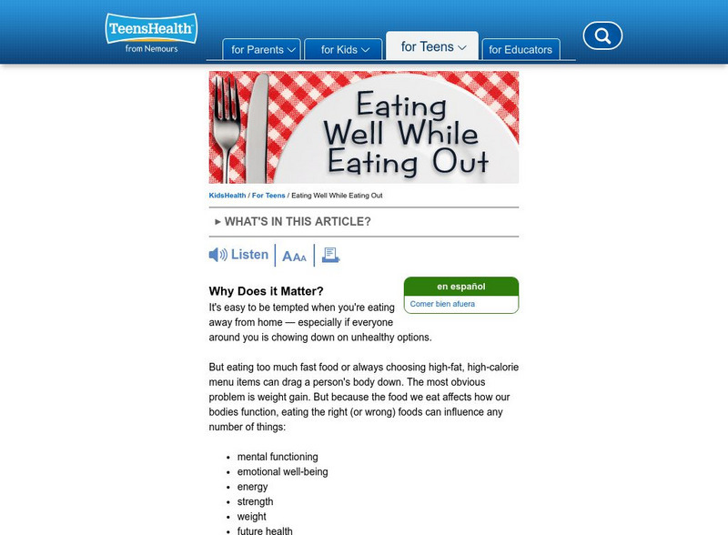 Kids Health: Eating Well While Eating Out Article Kids Health: Eating Well While Eating Out Article