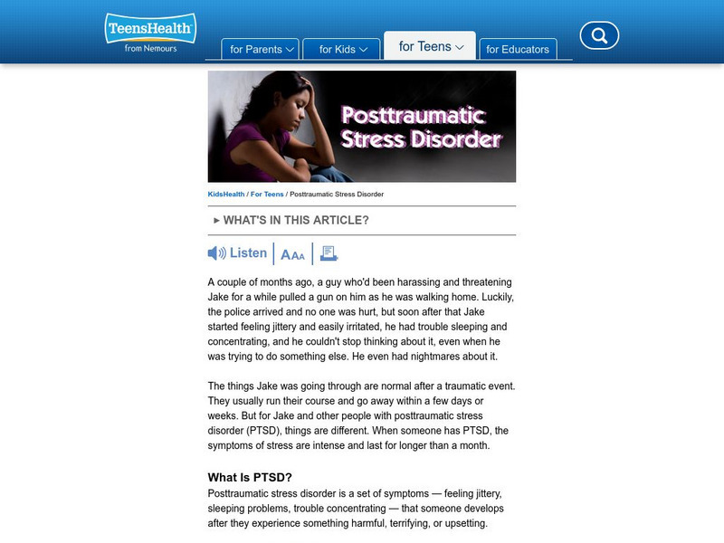 Kids Health: Posttraumatic Stress Disorder Article