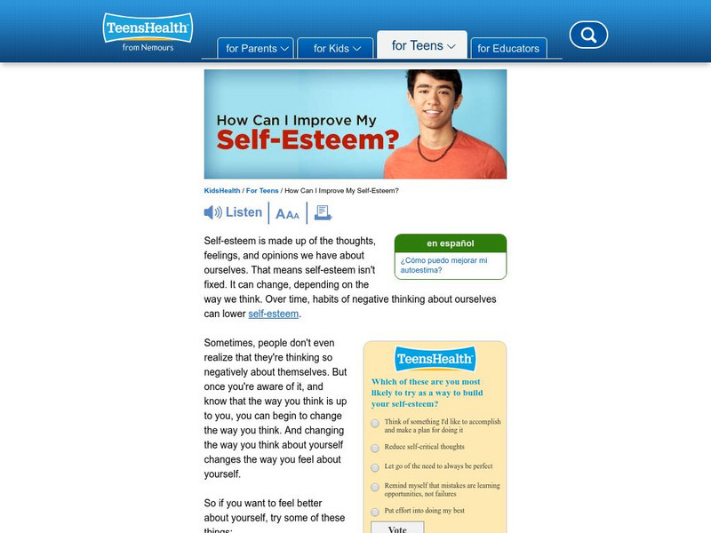 Kids Health: How Can I Improve My Self Esteem Article Kids Health: How Can I Improve My Self Esteem Article