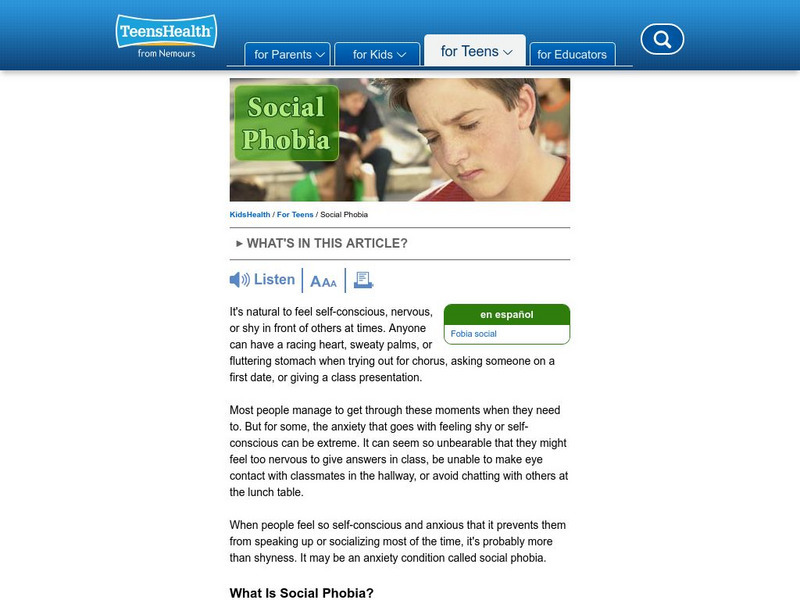 Kids Health: Social Phobia Article Kids Health: Social Phobia Article
