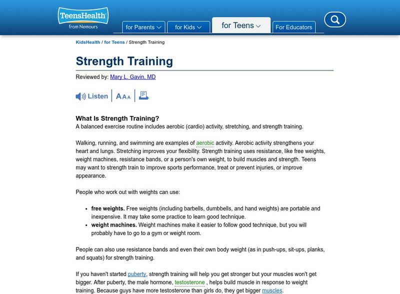 Kids Health: Strength Training Article Kids Health: Strength Training Article