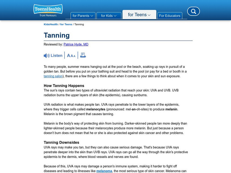 Kids Health: Tanning Article Kids Health: Tanning Article