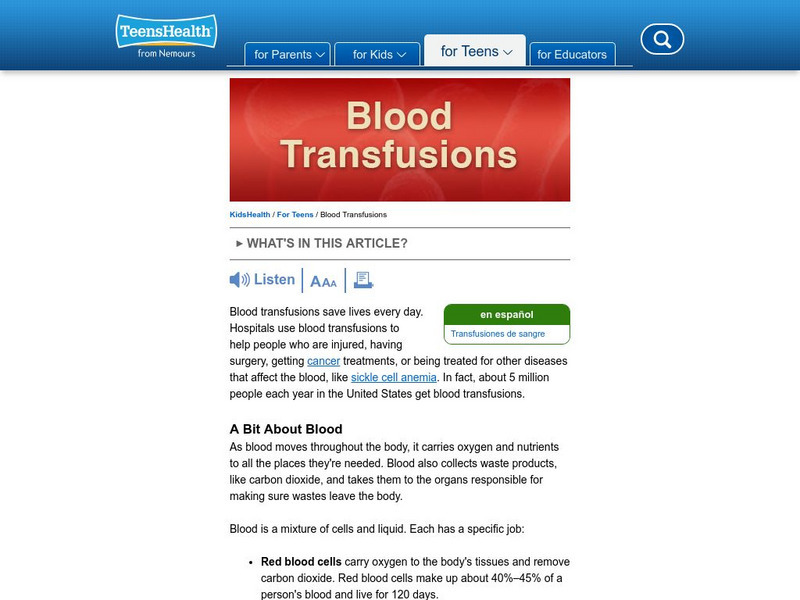 Kids Health: Blood Transfusions Article