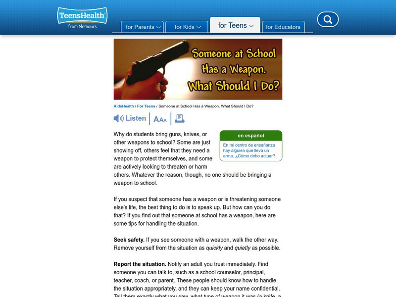 Kids Health: Someone at School Has a Weapon Article Kids Health: Someone at School Has a Weapon Article