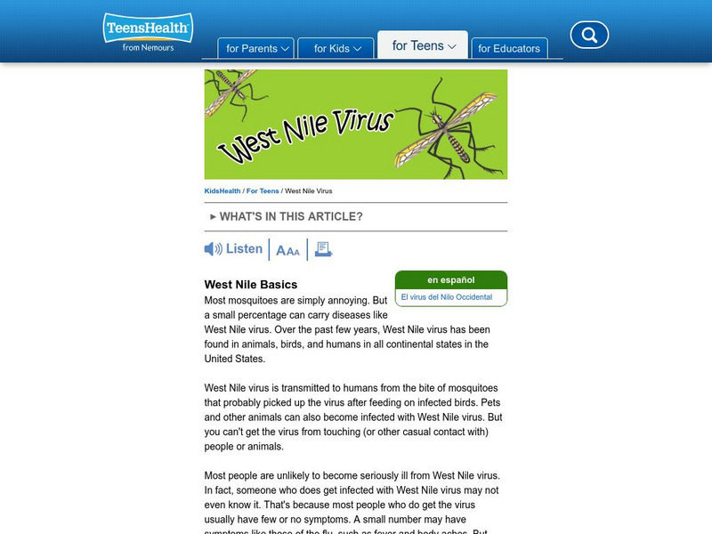 Kids Health: West Nile Virus Article