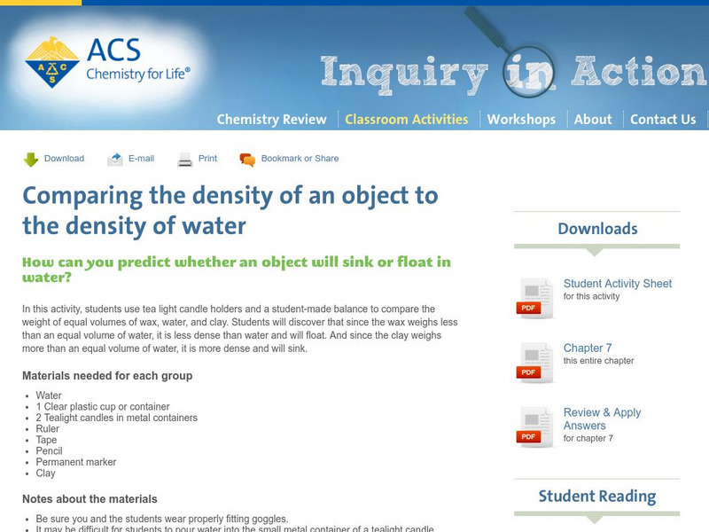 Inquiry in Action: Compare the Density of an Object to the Density of Water Activity Inquiry in Action: Compare the Density of an Object to the Density of Water Activity