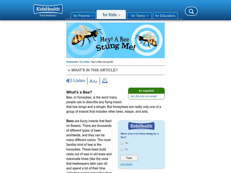 Kids Health: Hey! A Bee Bit Me! Article Kids Health: Hey! A Bee Bit Me! Article