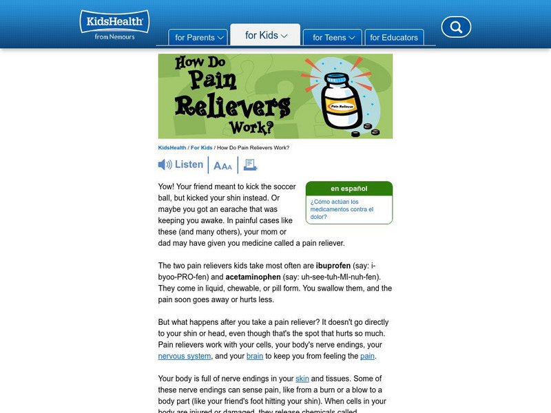 Kids Health: How Do Pain Relievers Work? Article Kids Health: How Do Pain Relievers Work? Article