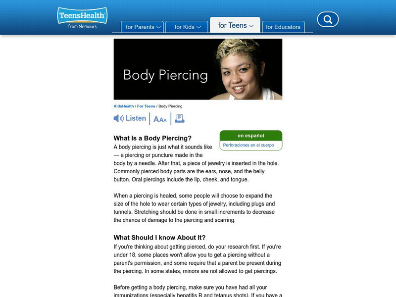 Kids Health: Is Body Piercing Safe? Article
