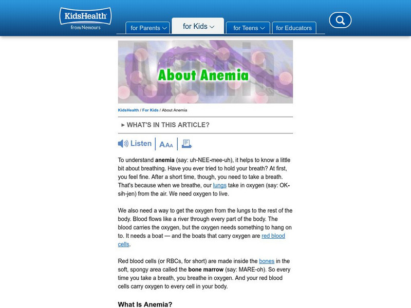 Kids Health: About Anemia Article Kids Health: About Anemia Article