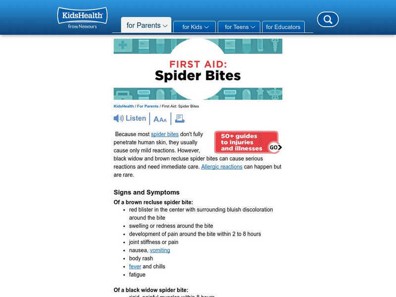 Kids Health: Spider Bites Instruction Sheet Article Kids Health: Spider Bites Instruction Sheet Article