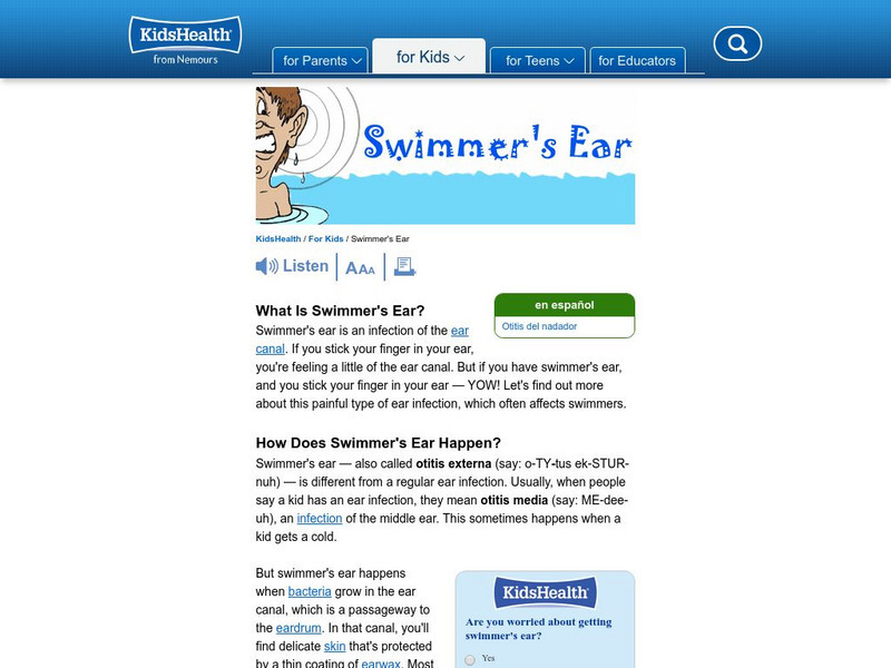 Kids Health: Swimmer's Ear Article Kids Health: Swimmer's Ear Article