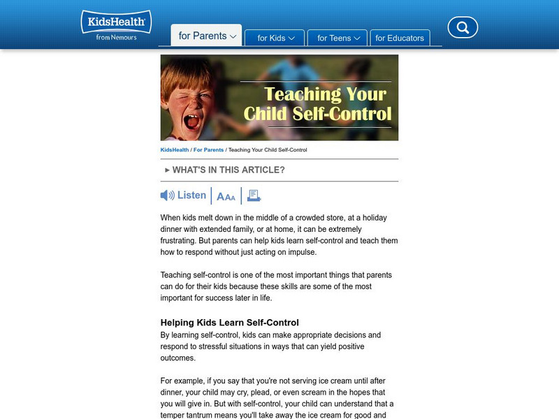 Kidshealth: Teaching Your Child Self Control Article