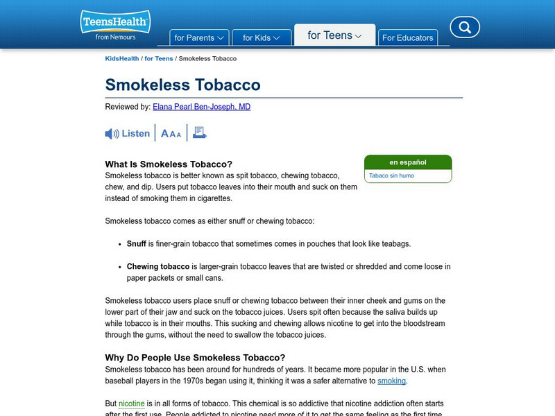 Kids Health: Smokeless Tobacco Article Kids Health: Smokeless Tobacco Article