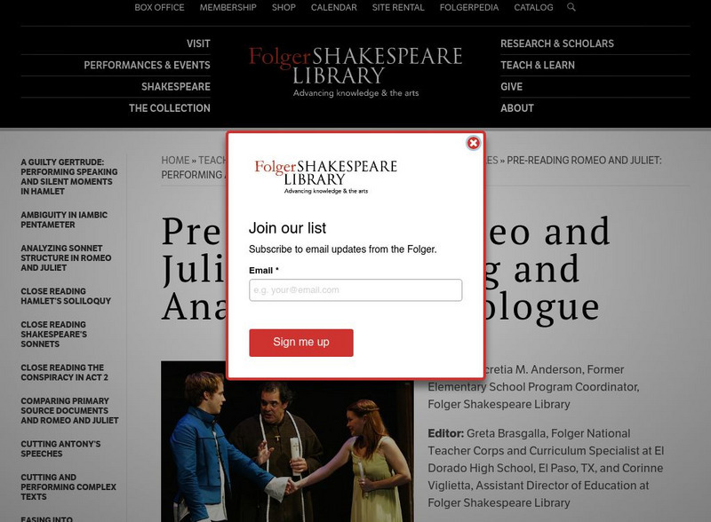 Folger Shakespeare Library: Pre Reading Romeo and Juliet Lesson Plan Folger Shakespeare Library: Pre Reading Romeo and Juliet Lesson Plan