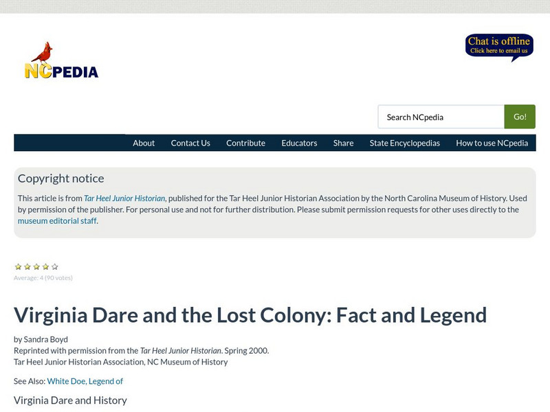 N Cpedia: Virginia Dare and the Lost Colony: Fact and Legend Handout N Cpedia: Virginia Dare and the Lost Colony: Fact and Legend Handout