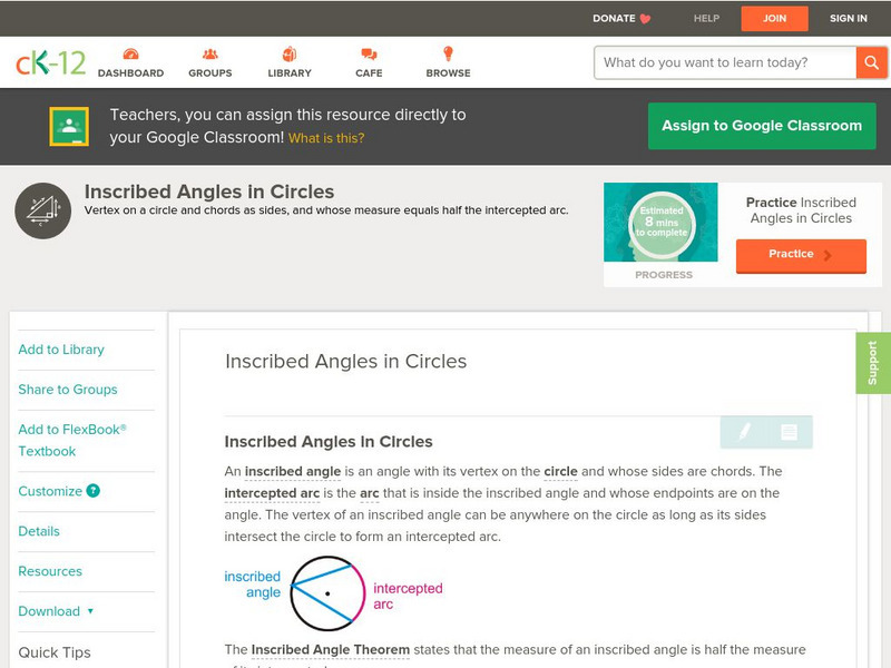 Ck 12: Geometry: Inscribed Angles in Circles Unit Plan Ck 12: Geometry: Inscribed Angles in Circles Unit Plan
