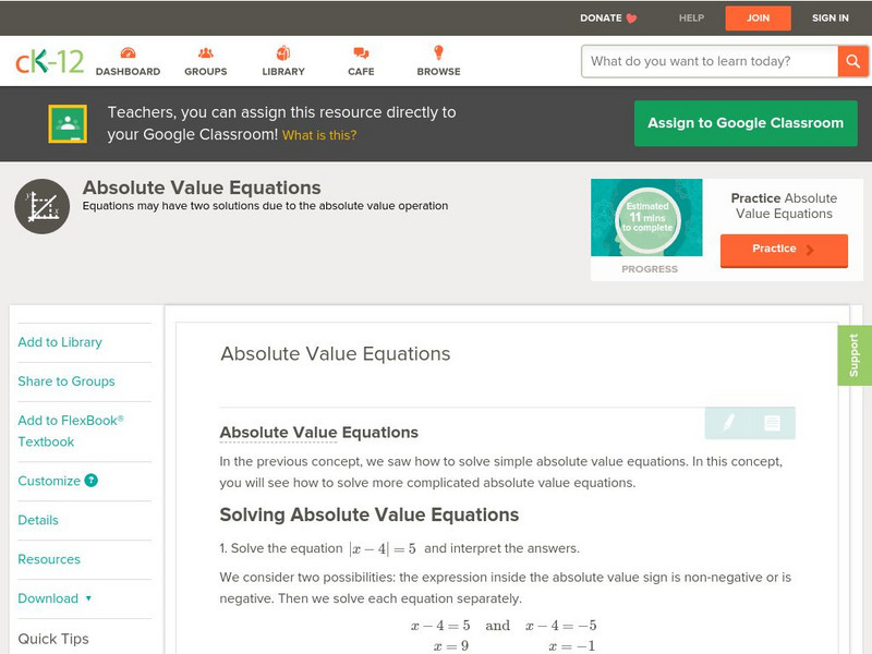 Ck 12: Algebra: Absolute Value Equations Unit Plan Ck 12: Algebra: Absolute Value Equations Unit Plan