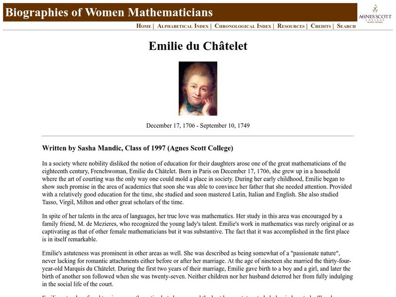 Agnes Scott College: Emilie Du Chatelet Handout Agnes Scott College: Emilie Du Chatelet Handout