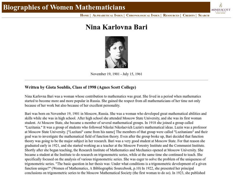 Agnes Scott College: Nina Karlovna Bari Biography Handout