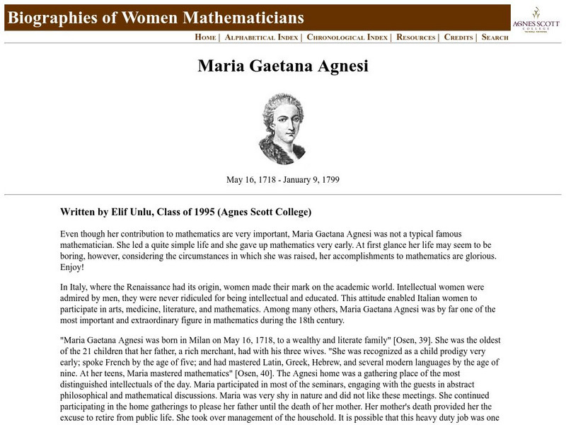 Agnes Scott College: Maria Gaetana Agnesi Biography Handout