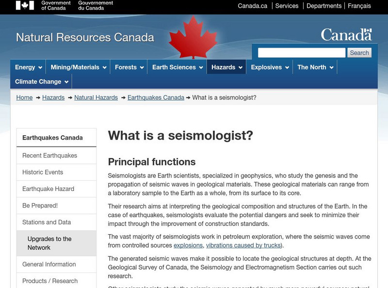 Earthquakes Canada: What Is a Seismologist? Website