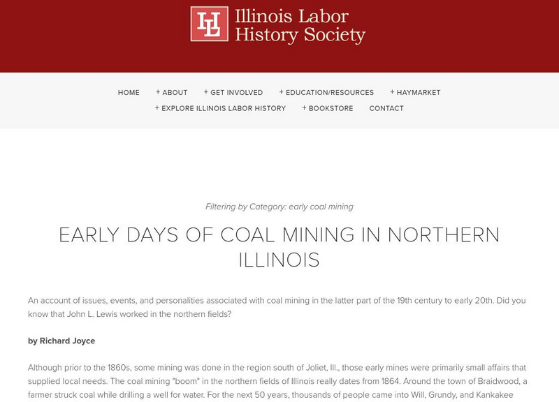 Illinois Labor History Society: Early Days of Coal Mining in Northern Illinois Handout Illinois Labor History Society: Early Days of Coal Mining in Northern Illinois Handout