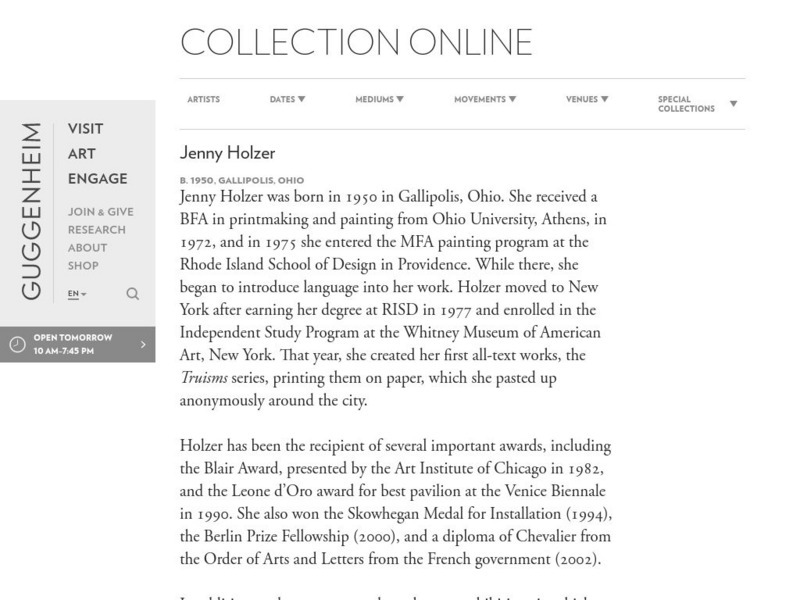 Guggenheim Museum: Collection Online: Artist Bio: Jenny Holzer Website Guggenheim Museum: Collection Online: Artist Bio: Jenny Holzer Website