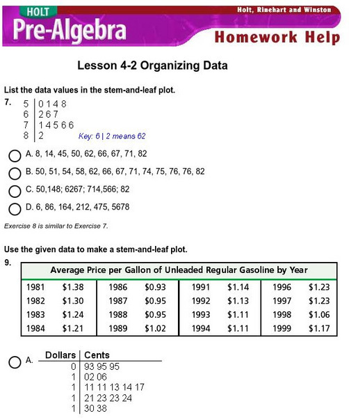 Holt, Rinehart and Winston: Homework Help Independent Practice: Stem and Leaf Plot eBook Holt, Rinehart and Winston: Homework Help Independent Practice: Stem and Leaf Plot eBook