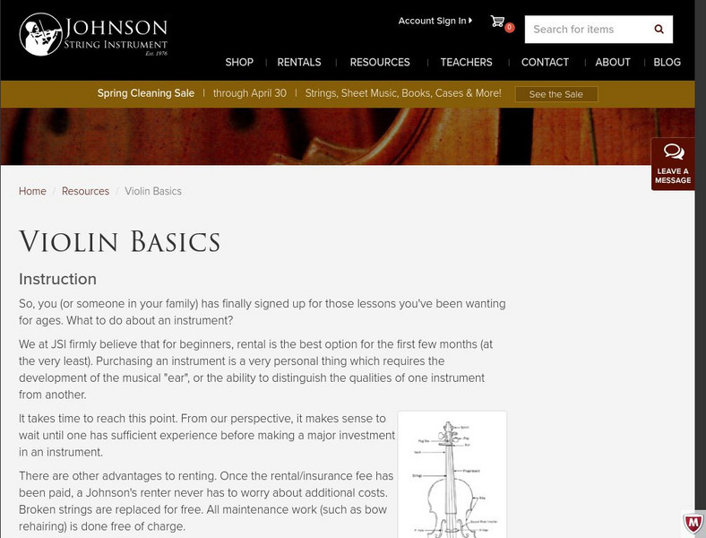 Johnson string instrument violin basics handout for 3rd 8th grade