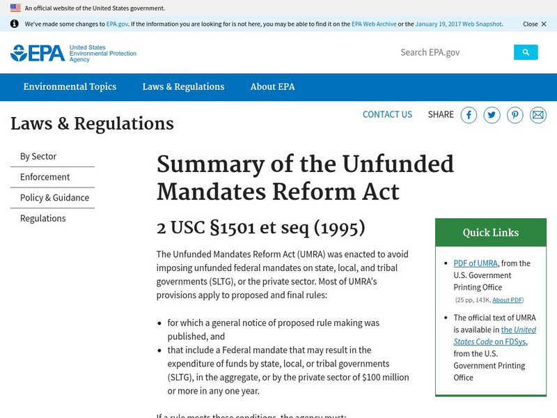 Epa: Summary of the Unfunded Mandates Reform Act Handout Epa: Summary of the Unfunded Mandates Reform Act Handout