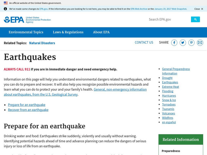 Epa: Natural Disasters: Earthquakes Handout