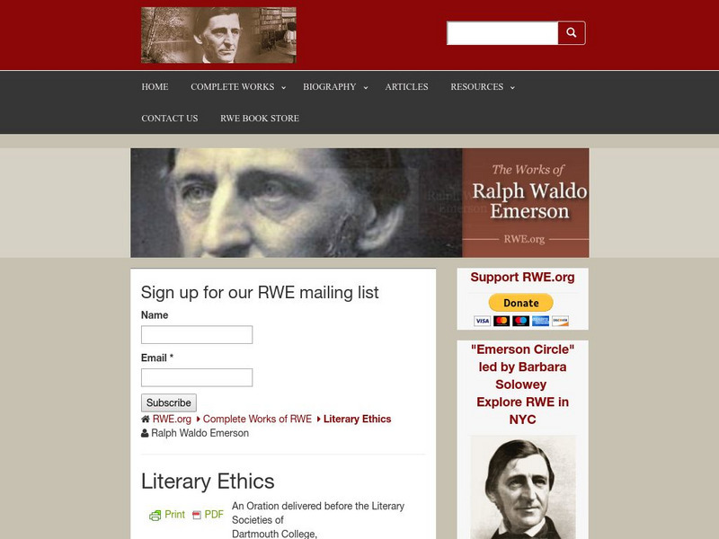 Rwe: The Complete Works of Ralph Waldo Emerson: Literary Ethics Primary Rwe: The Complete Works of Ralph Waldo Emerson: Literary Ethics Primary