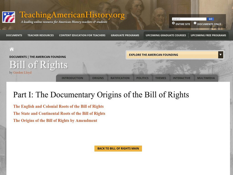 Teaching American History: The Documentary Origins of the Bill of Rights I Website Teaching American History: The Documentary Origins of the Bill of Rights I Website