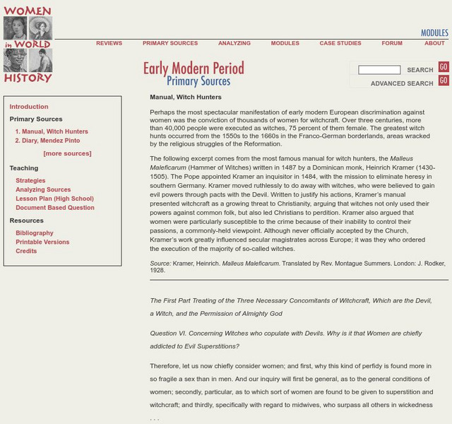 Women in World History Project: Early Modern Period: Manual, Witch Hunters Website Women in World History Project: Early Modern Period: Manual, Witch Hunters Website