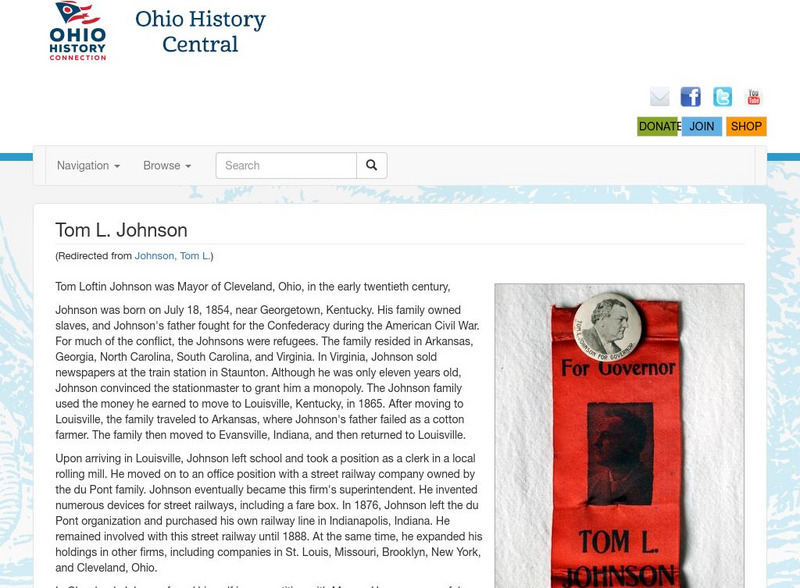 Ohio History Central: Tom L. Johnson Handout Ohio History Central: Tom L. Johnson Handout
