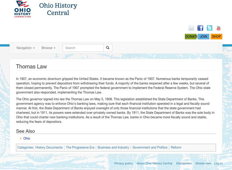 Ohio History Central: Thomas Law Handout Ohio History Central: Thomas Law Handout