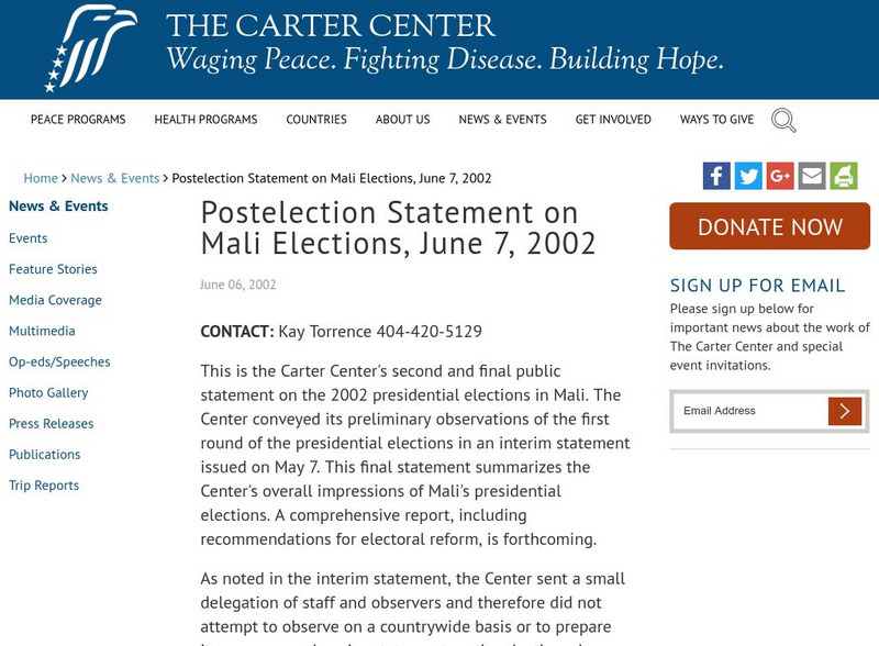 The Carter Center: Postelection Statement on Mali Elections, June 7, 2002 Website