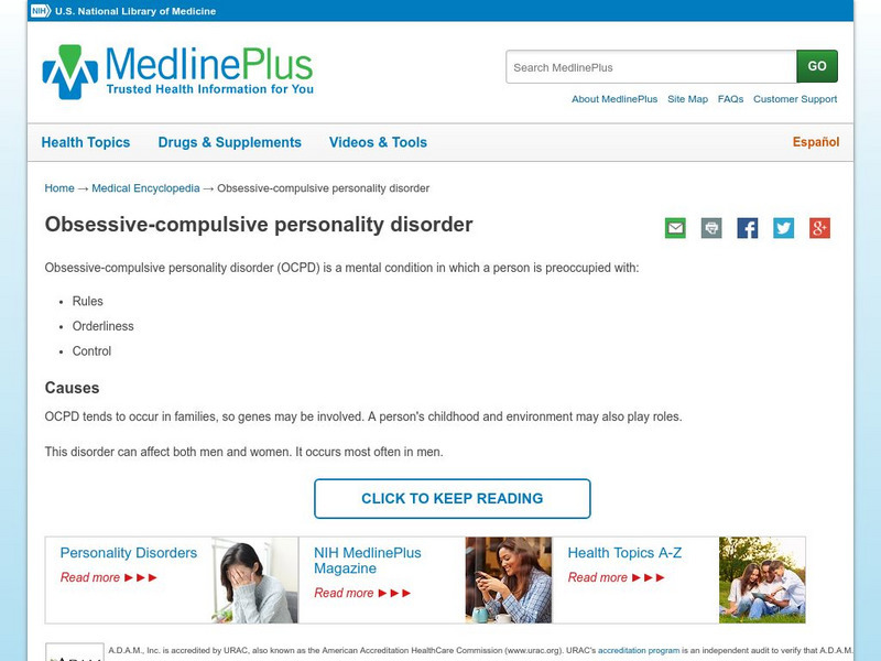 Medline Plus: Obsessive Compulsive Personality Disorder Handout Medline Plus: Obsessive Compulsive Personality Disorder Handout
