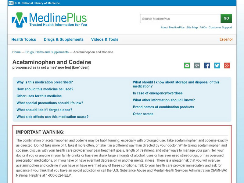 Medline Plus: Acetaminophen and Codeine Handout
