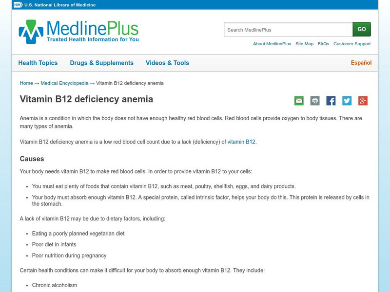 Medline Plus: Anemia and Vitamin B 12 Handout