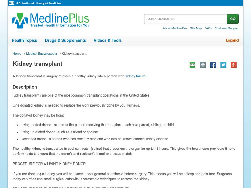 Medline Plus: Kidney Transplant Handout Medline Plus: Kidney Transplant Handout