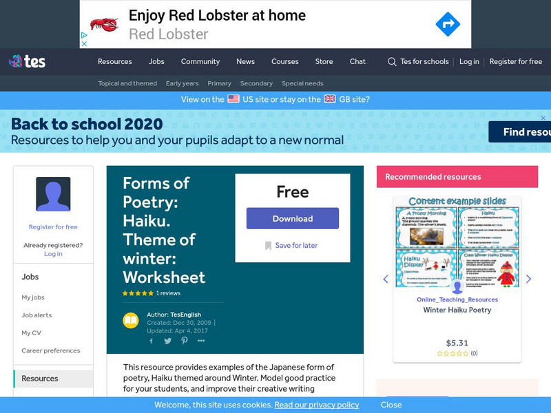 Tes: Forms of Poetry: Haiku. Theme of Winter: Worksheet Lesson Plan Tes: Forms of Poetry: Haiku. Theme of Winter: Worksheet Lesson Plan