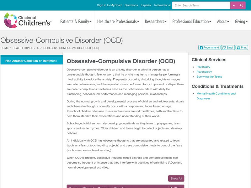 Cchmc: Obsessive Compulsive Disorder (Ocd) Handout Cchmc: Obsessive Compulsive Disorder (Ocd) Handout