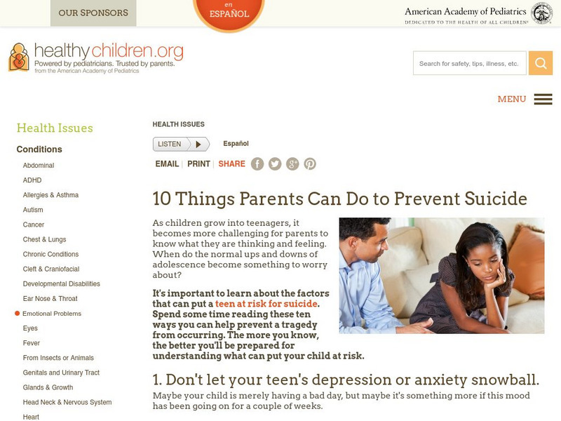 American Academy of Pediatrics: 10 Things Parents Can Do to Prevent Suicide Handout American Academy of Pediatrics: 10 Things Parents Can Do to Prevent Suicide Handout