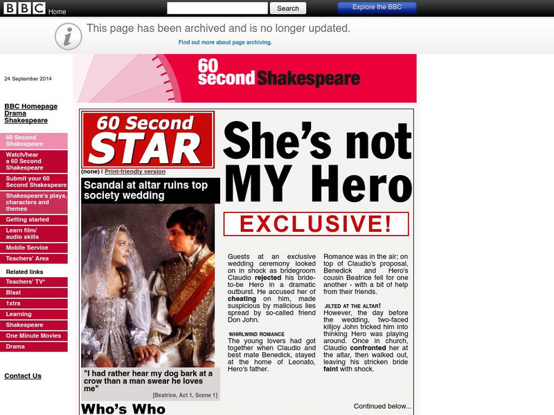 Bbc: 60 Second Shakespeare: 60 Second Star: "She's Not My Hero" Article Bbc: 60 Second Shakespeare: 60 Second Star: "She's Not My Hero" Article
