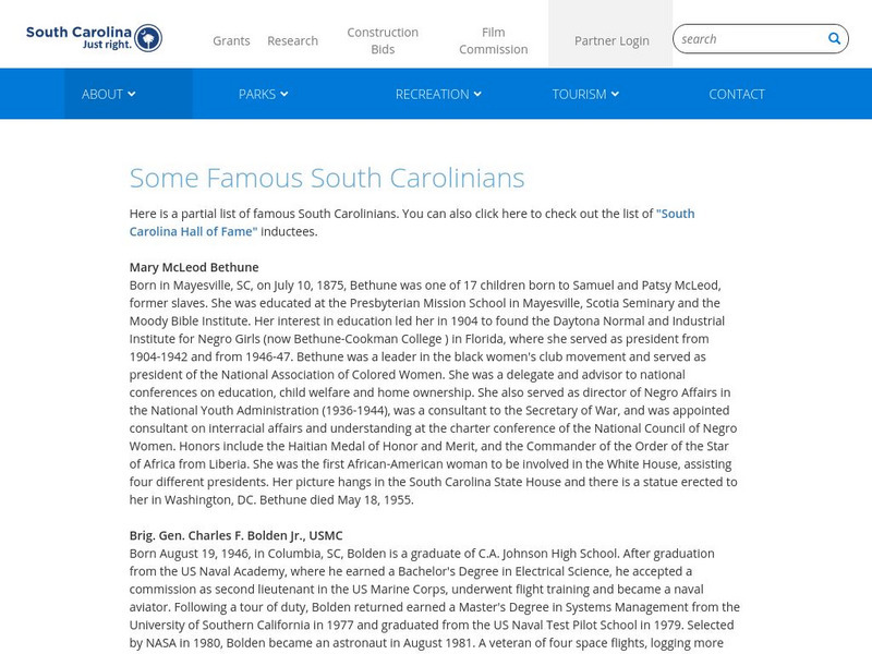 South Carolina Dept. Of Parks, Recreation and Tourism: Famous South Carolinians Handout