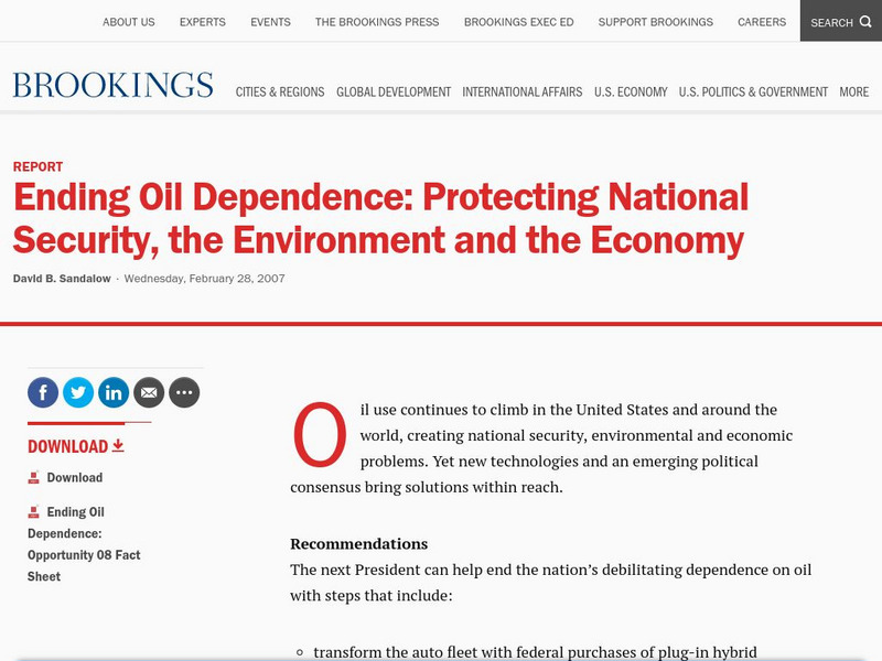 Brookings Institution: Ending Oil Dependence: Protecting National Security Article Brookings Institution: Ending Oil Dependence: Protecting National Security Article
