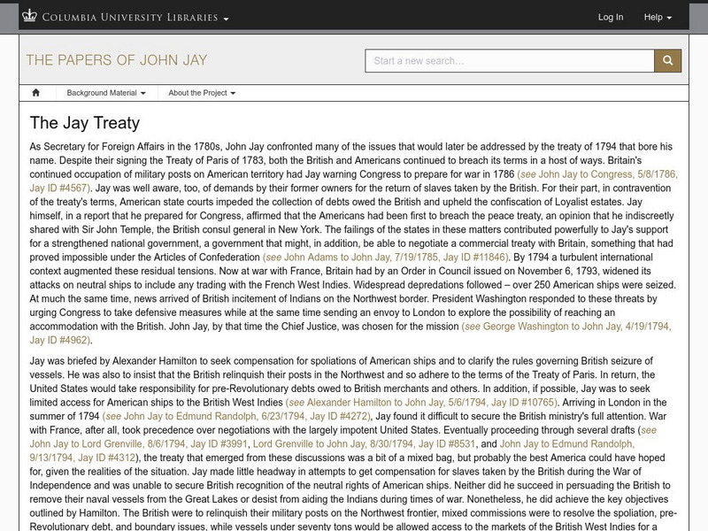 Columbia University Libraries: The Papers of John Jay: The Jay Treaty Handout Columbia University Libraries: The Papers of John Jay: The Jay Treaty Handout