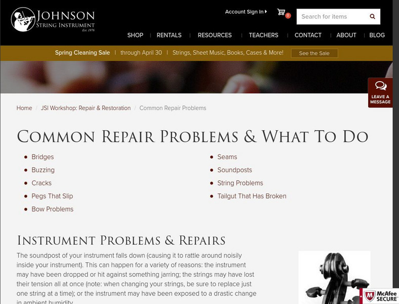 Johnson String Instrument: Common Repair Problems: String Repair Handout Johnson String Instrument: Common Repair Problems: String Repair Handout